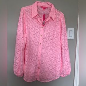 Lilly Pulitzer Sea Breeze Eyelet Button Down Top XL in Pink Blossom